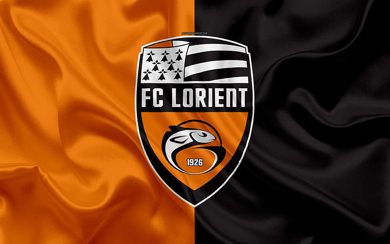 FC Lorient silk texture, logo, orange black silk flag, French football club, emblem, Ligue 2, Lorient, France, football, HD wallpaper
