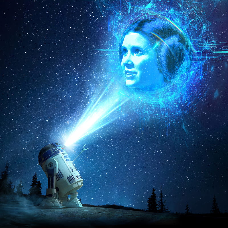 women, Leia Organa, R2-D2, science fiction, digital art, Carrie Fisher, stars, Star Wars, Star Wars Droids, Princess Leia, sky, Rebel Alliance, blue, HD phone wallpaper
