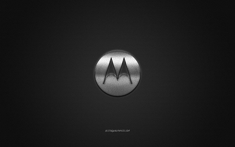 Motorola logo, silver shiny logo, Motorola metal emblem, for Motorola smartphones, gray carbon fiber texture, Motorola, brands, creative art, HD wallpaper