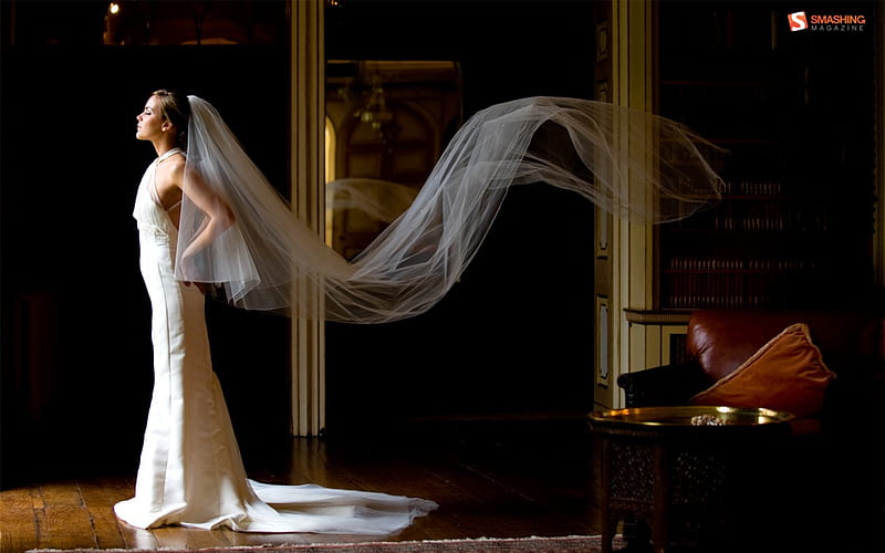 Bridal portrait, table, dress, veil, couch, bonito, white, wedding, woman, HD wallpaper