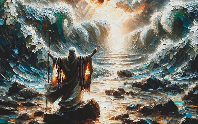 Moses and Red Sea, Red sea, waves, Moses, prophet, AI art, HD wallpaper