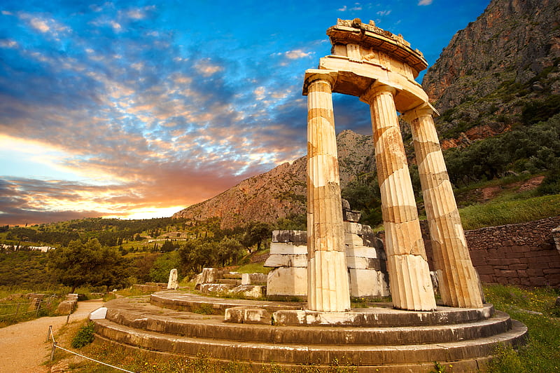 Delphi, architecture, ancient, religious, Greek, site, monument, Greece, sanctuary, ruin, HD wallpaper