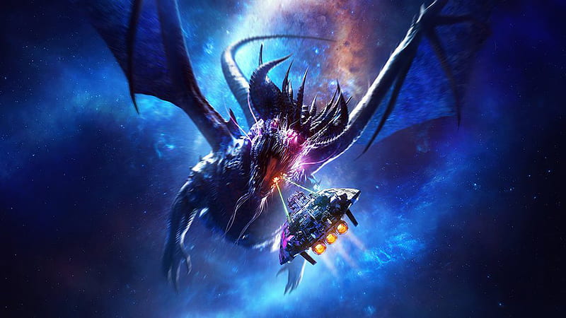 Fantasy Dragon Spitting Fire On Spacecraft In Blue Sky Background Dragon, HD wallpaper