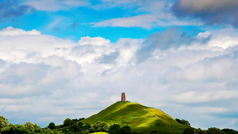 st. michaels tower somerset england, hill, clouds, grass, tower, HD wallpaper