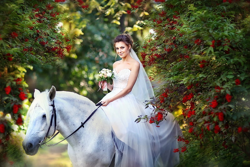 Just Married, flowers, bride, horse, girl, HD wallpaper