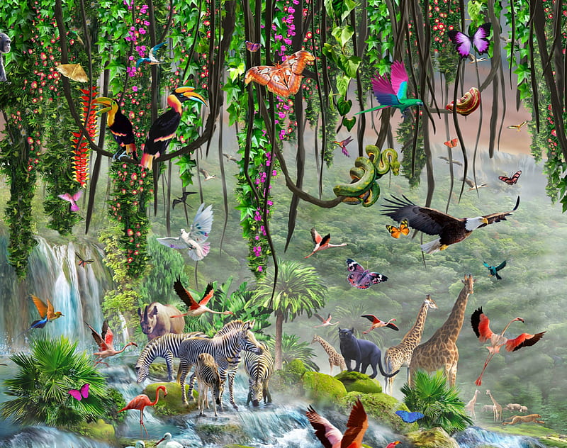 Jungle birds and butterflies, luminos, pasare, water, fantasy, vara, butterfly, bird, adrian chesterman, summer, jungle, HD wallpaper