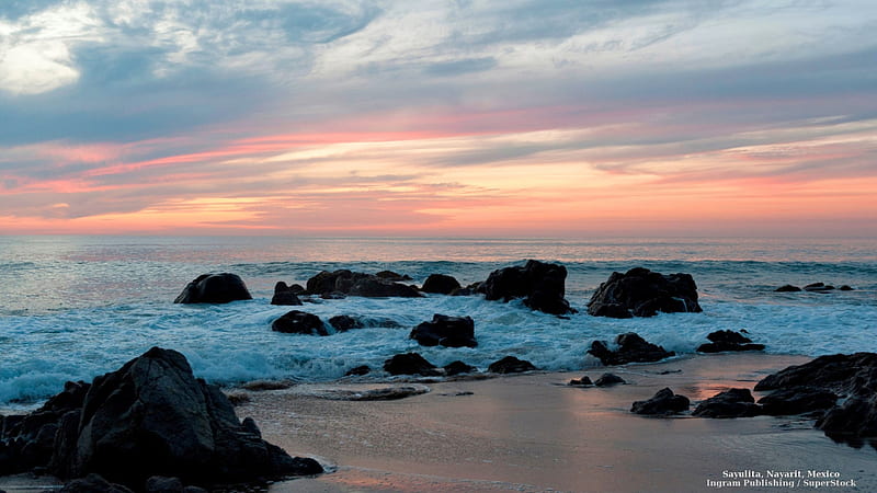 Sunset over Rocky Beach, rocks, oceans, waves, sky, clouds, sea, beaches,  sunsets, HD wallpaper | Peakpx