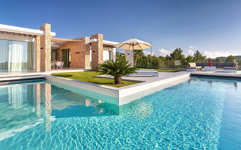 luxury villa, exterior, swimming pool, courtyard, Ibiza, HD wallpaper