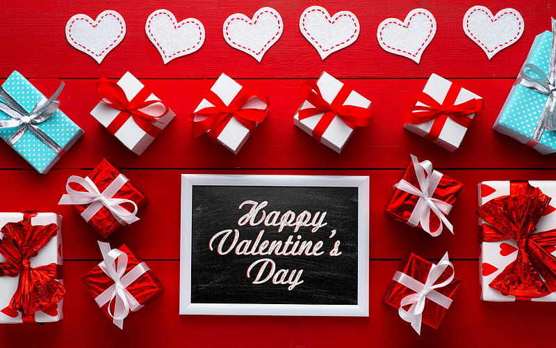 Happy Valentines Day, gift boxes, February 14, red boards, congratulations, white heart, romance, HD wallpaper