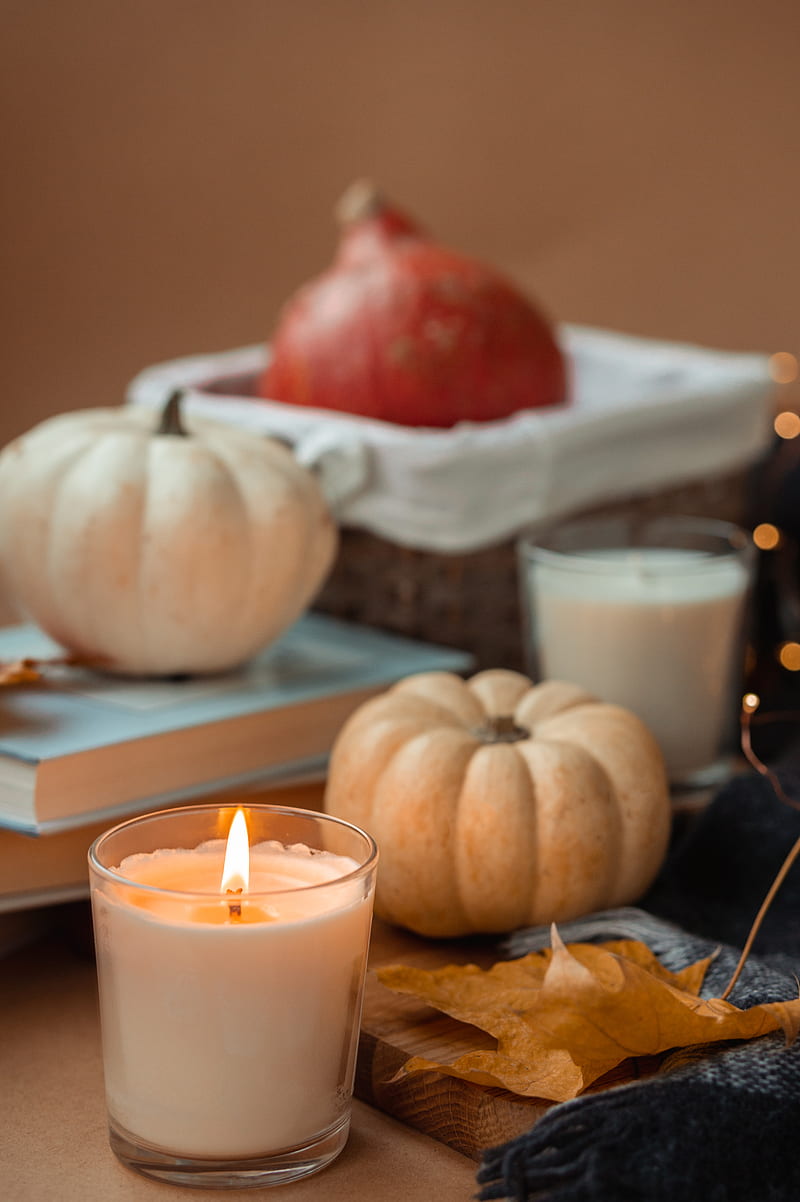 candle, pumpkin, leaf, books, HD phone wallpaper