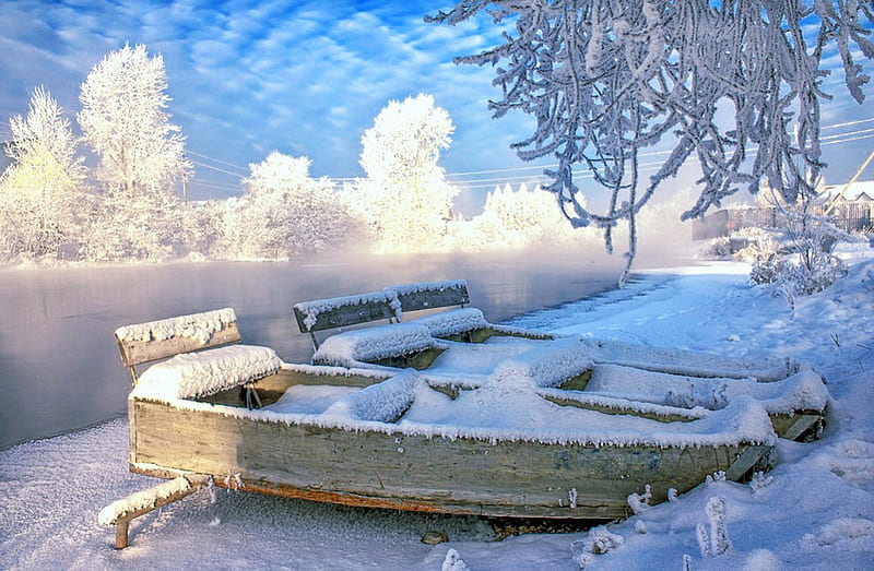 Winter rest, rest, bonito, trees, sky, lake, winter, cold, boats, snow, nature, river, frozen, landscape, frost, HD wallpaper