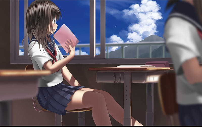 Blushing Realization, Anime, Classroom, Blushing, School Uniform, Mountains, Seifuku, Clouds, Big Eyes, Anime Girl, HD wallpaper