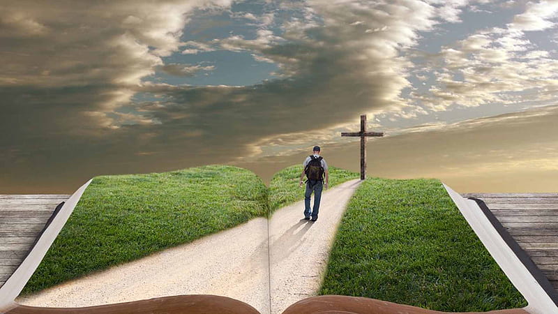 Bible Grass Path Man Cross White Clouds Blue Sky Background Christian, HD wallpaper