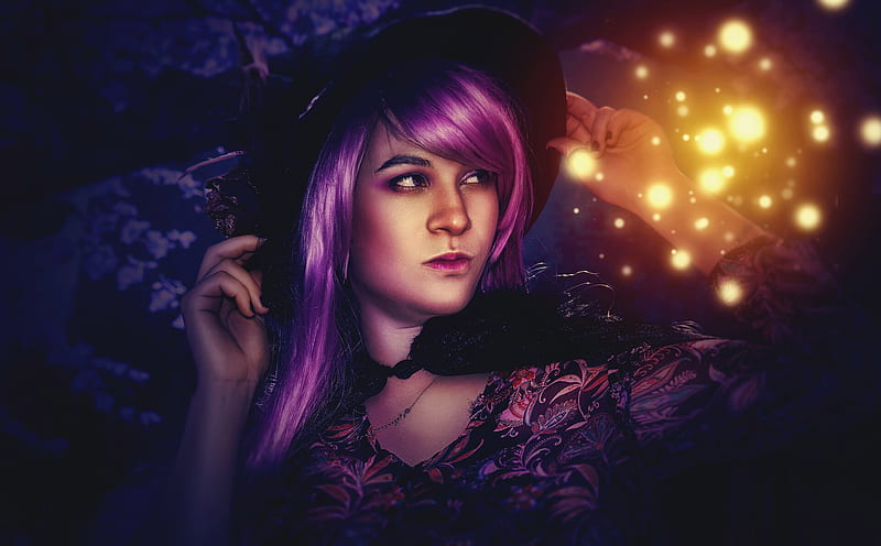 Witch, fantasy, girl, purple, luminos, dark, face, maria parra, HD wallpaper