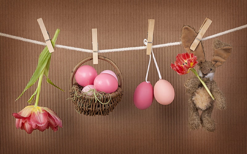 Happy Easter!, funny, bunny, pink, tulip, brown, toy, easter, pasti, card, egg, cute, flower, HD wallpaper