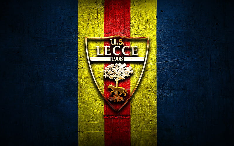 Lecce FC, golden logo, Serie A, blue metal background, football, US Lecce, italian football club, Lecce logo, soccer, Italy, HD wallpaper