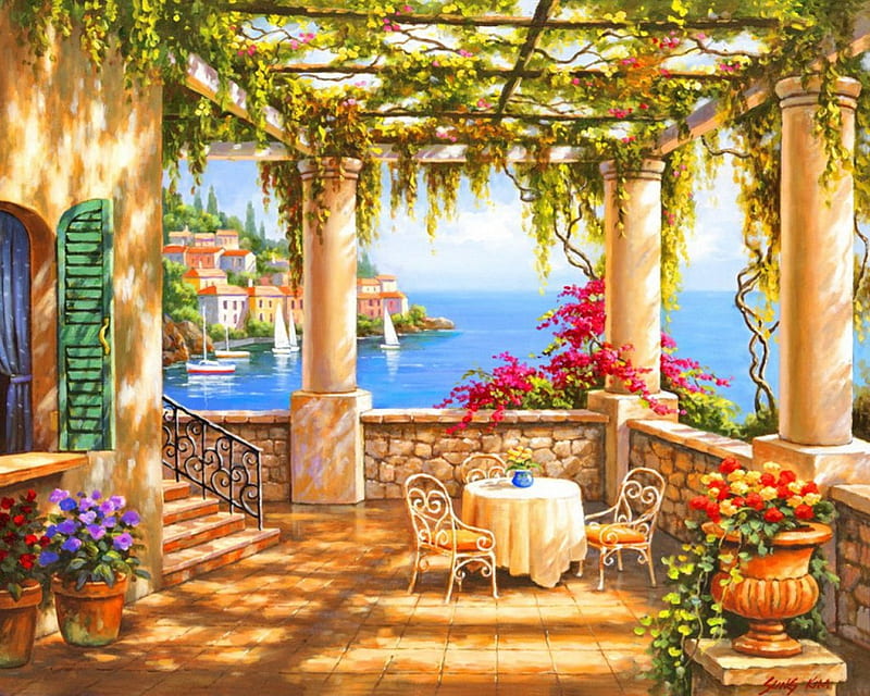 Morning terrace, pretty, shore, sunny, bonito, sea, nice, boats, dock, painting, village, flowers, morning, table, art, quiet, lovely, view, pier, town, sky, lake, freshness, terrace, water, arch, coffee, peaceful, summer, sailboats, coast, HD wallpaper