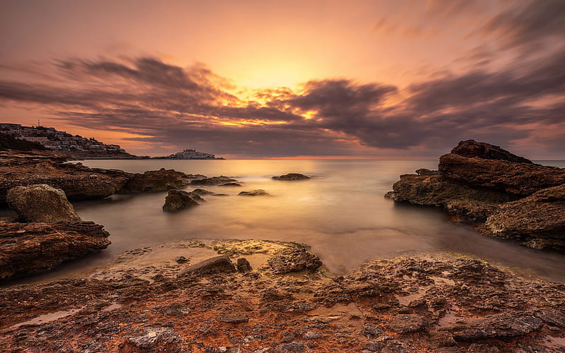Mediterranean Sea, coast, sunset, beach, rocks, Spain, seascape, HD wallpaper