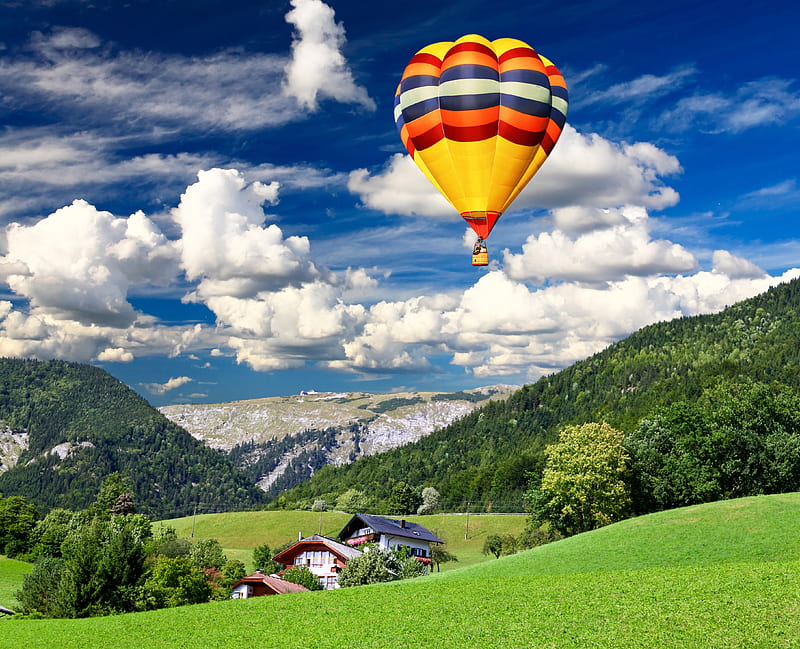Landscape, pretty, colorful, house, grass, bonito, clouds, splendor, green, beauty, blue, hills, lovely, view, houses, colors, hot air balloons, sky, trees, balloon, hot air balloon, mountains, balloons, peaceful, nature, HD wallpaper
