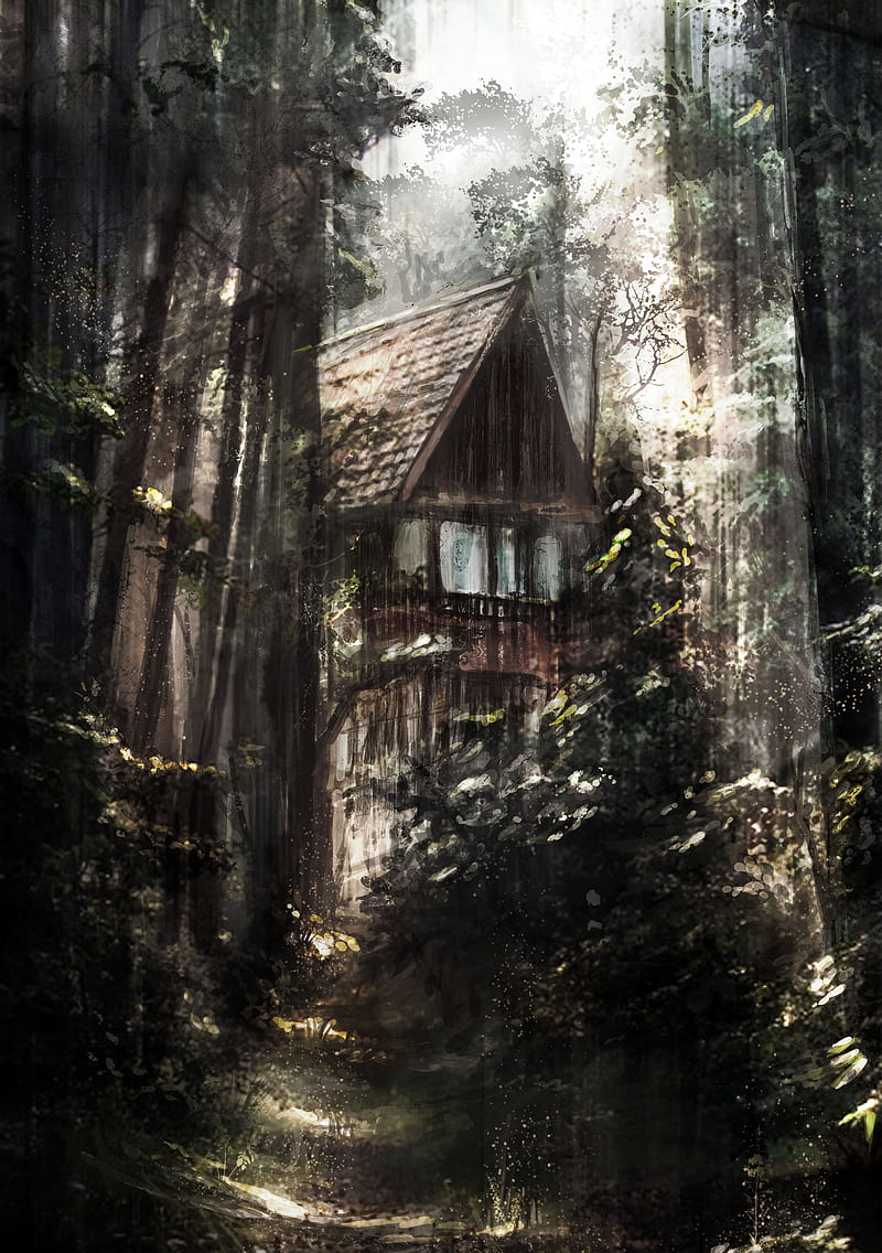 abandoned house, forest, painting, dark, scary, Fantasy, HD phone wallpaper