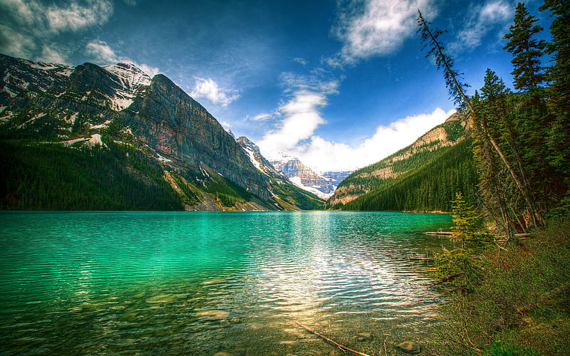 Lake Louise, mountain lake mountains, forest, Canada, Banff national park, Alberta, HD wallpaper