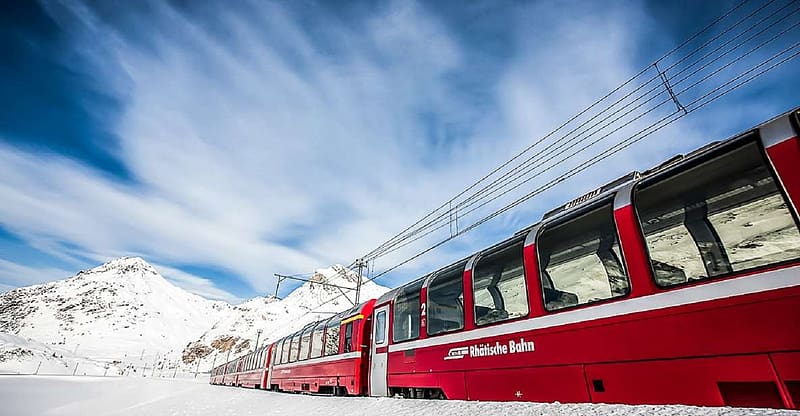SWISS RAILWAYS, OVERHEAD, RED AND WHITE CARRIAGES, ELECTRIC, WIRE, SNOW, HD wallpaper