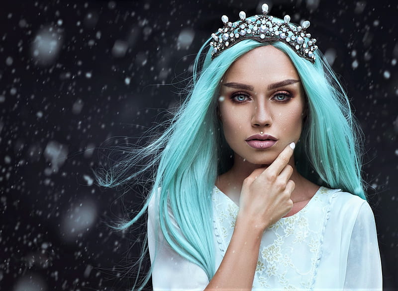 Princess with blue hair, model, tijana moraca, woman, iarna, winter, snow, girl, jewel, princess, white, blue, HD wallpaper