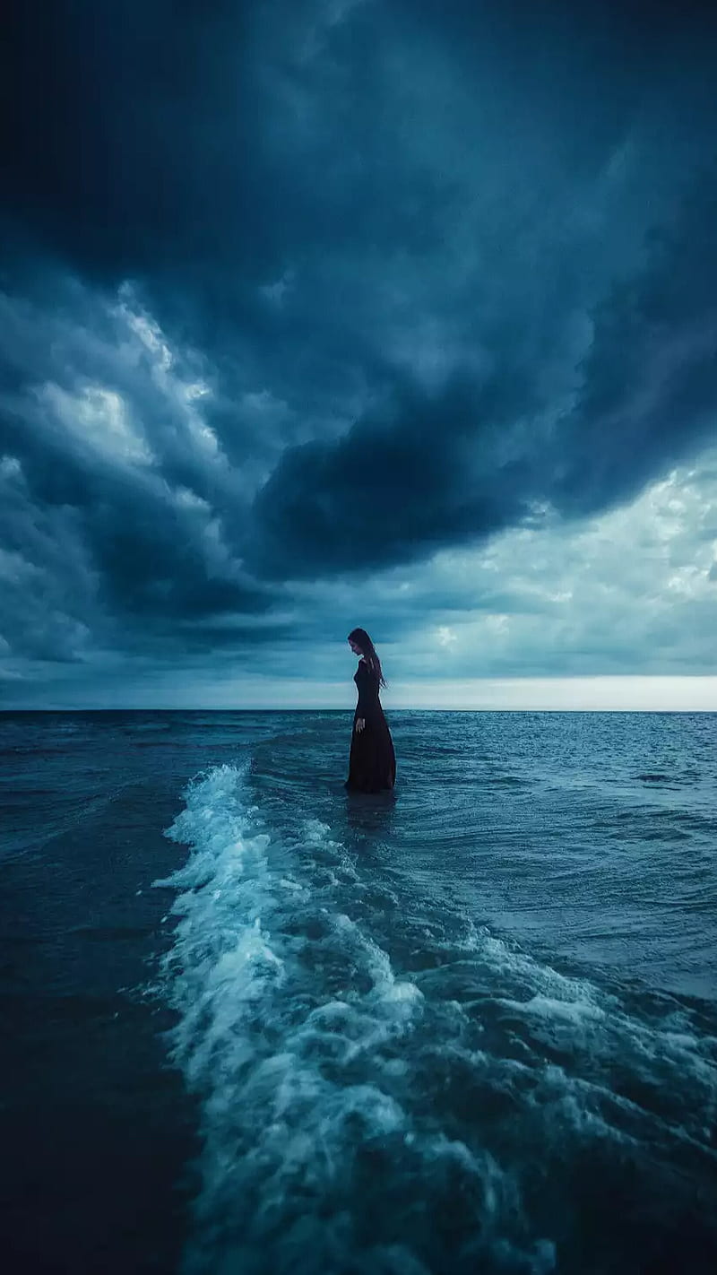 Lost, black dress, clouds, cloudy, female, ocean, sea, water, waves, HD phone wallpaper