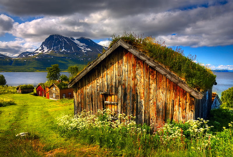 Landscape-R, architecture, grass, bonito, old, clouds, sea, graphy, nice, calm, flowers, river, road, houses, colors, sky, trees, lake, water, cool, mountains, peaceful, r, nature, landscape, HD wallpaper