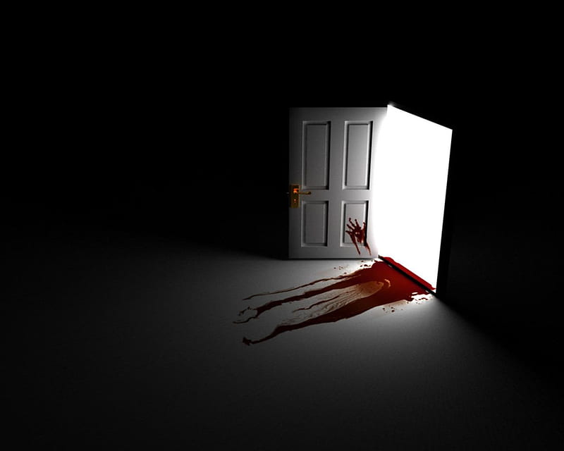 Don't Open The Door, dark, bright, room, light, blood, door, HD wallpaper