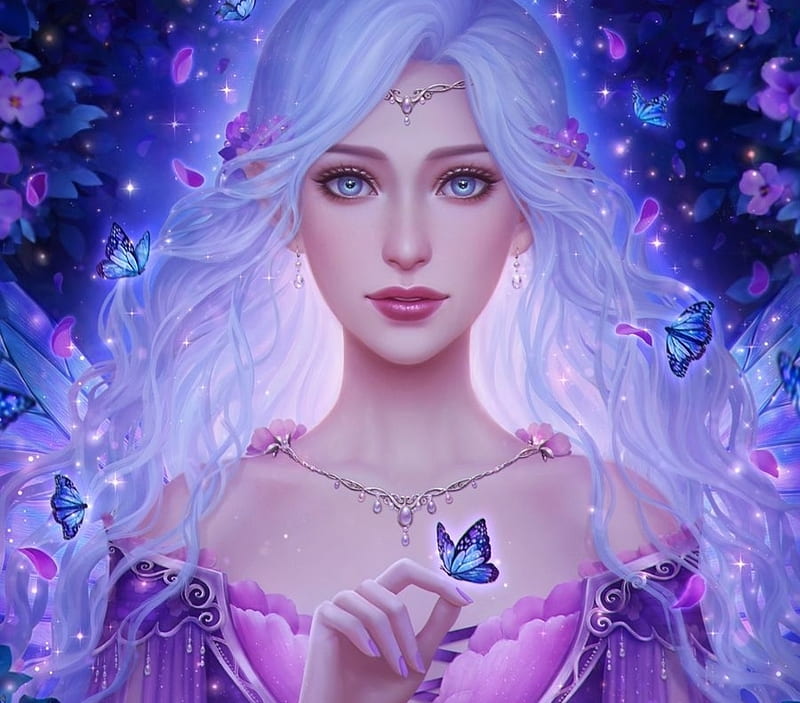 Fae Queen, face, pink, fairy, blue, frumusete, luminos, queen, midorisa, fantasy, butterfly, purple, girl, HD wallpaper