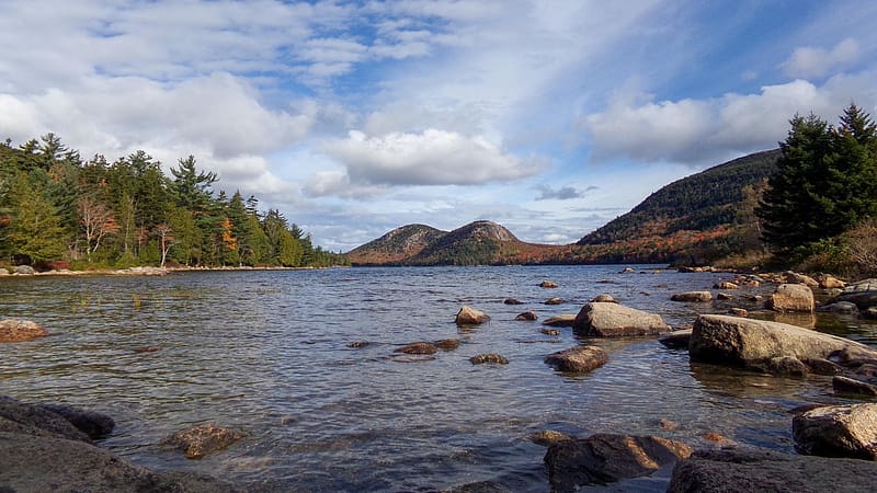 Jordan Pond and The Bubbles, Acadia NP, Maine, usa, clouds, trees, water, landscape, stones, rocks, sky, HD wallpaper