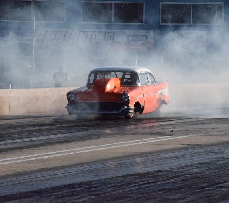 57 Chevy, big block chevy, burn out, drag car, fast car, race and roll foto, HD wallpaper