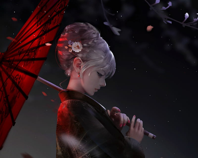 Breeze, red, art, frumusete, luminos, umbrella, black, geisha, yue yue, fantasy, flower, asian, parasol, HD wallpaper