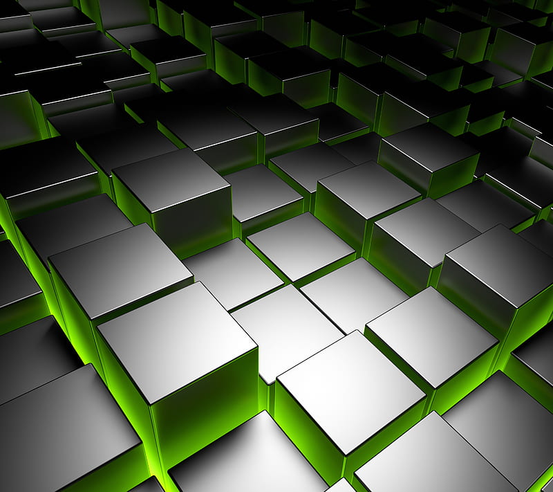 3D Cubes, backlit, brick, chrome, green, metal, square, HD wallpaper