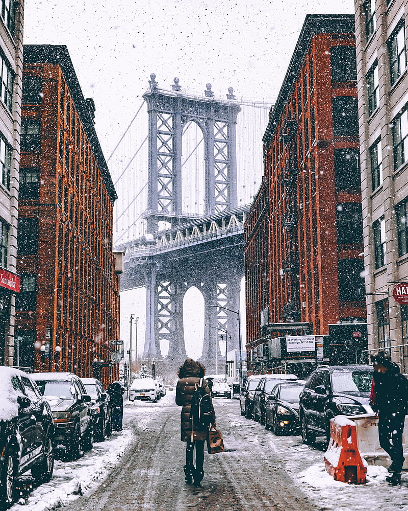 woman facing towards Brooklyn Bridge in New York, HD phone wallpaper