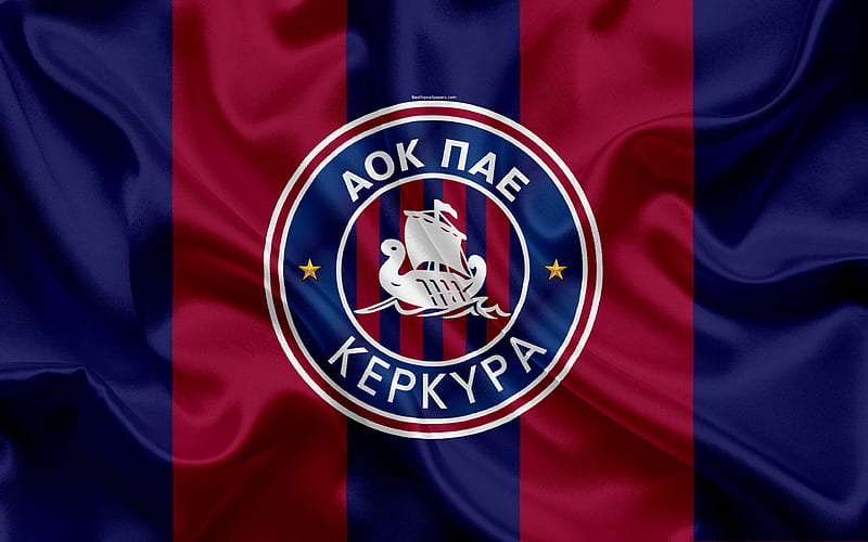Kerkyra FC Greek football club, Kerkyra emblem, logo, Super League, championship, football, Corfu, Greece, silk texture, flag, HD wallpaper