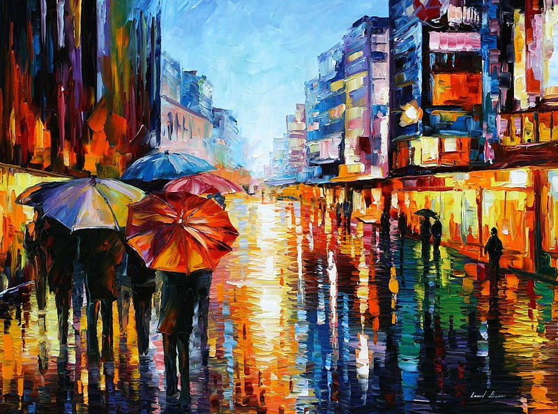 Leonid Afremov - Umbrellas, umbrellas, art, avenue, city, buildings, painting, walk, leonid afremov, HD wallpaper