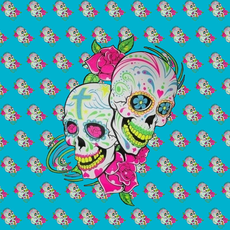 Skull love, blue, colorful, day of the dead, neon, pattern, pink, skulls, sugar skull, HD phone wallpaper