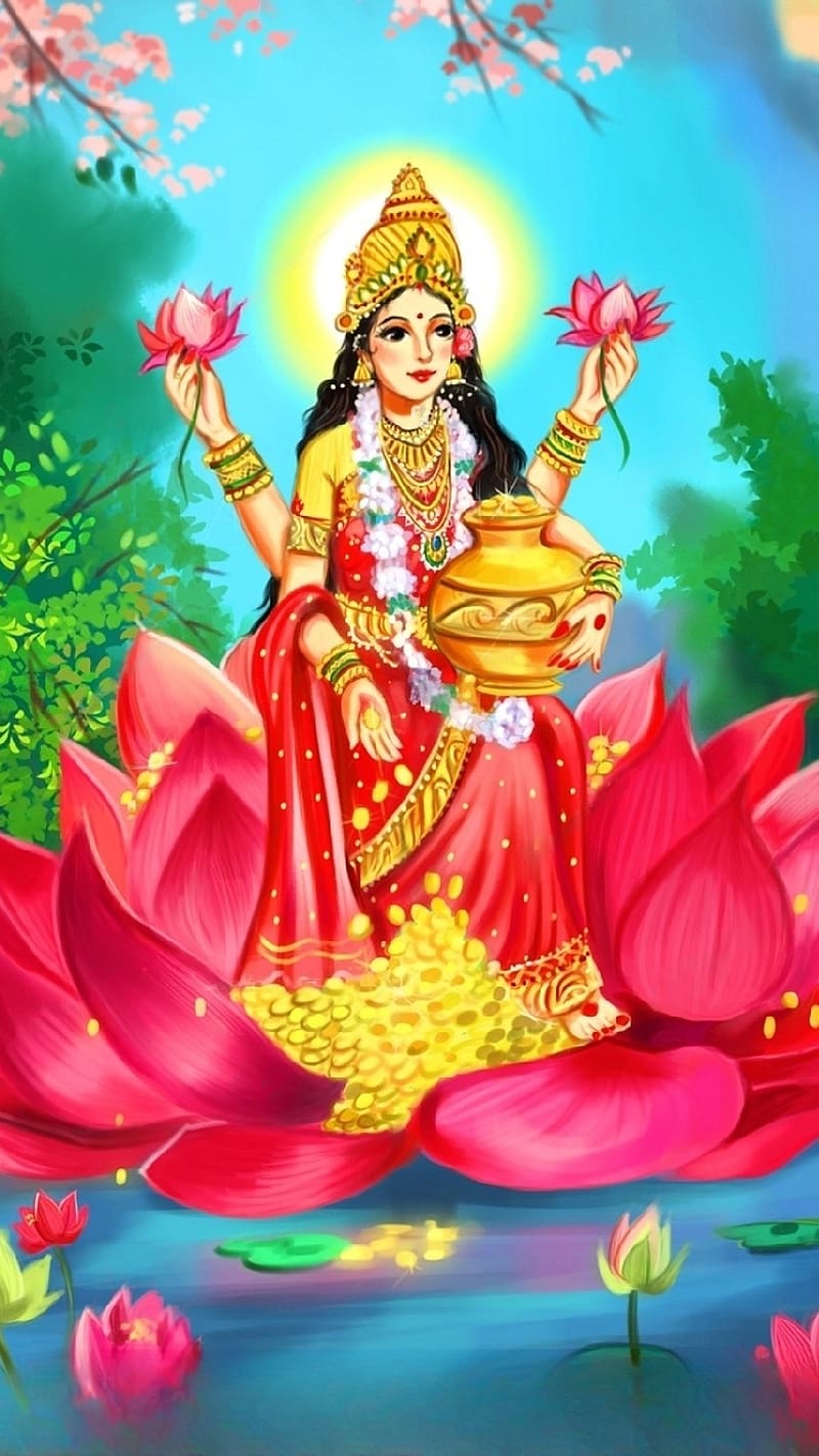 Laxmi Mata Sitting On Lotus, laxmi mata , maa laxmi sitting on lotus, goddess, hindu god, HD phone wallpaper