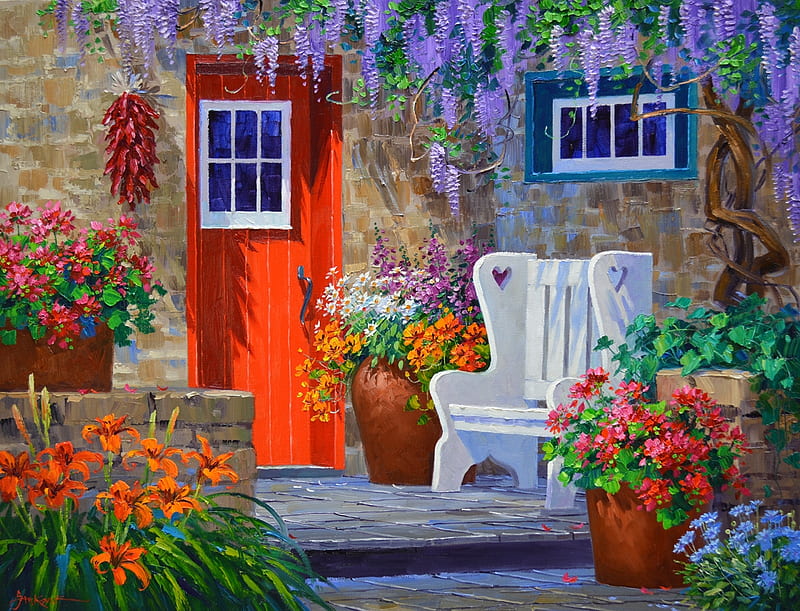 Invitation to Linger Awhile, veranda, painting, flowers, chair, artwork, wisteria, door, HD wallpaper