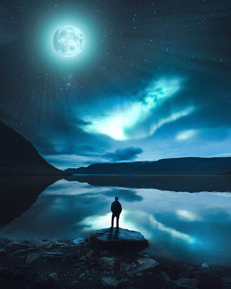lonely man, night, moonlight, reflection, lake, scenic, mood, Landscape, HD phone wallpaper