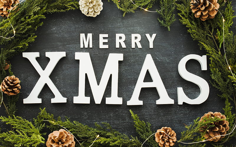 Merry Xmas, Christmas, gray wooden background, congratulation, New Year, Merry Christmas, HD wallpaper