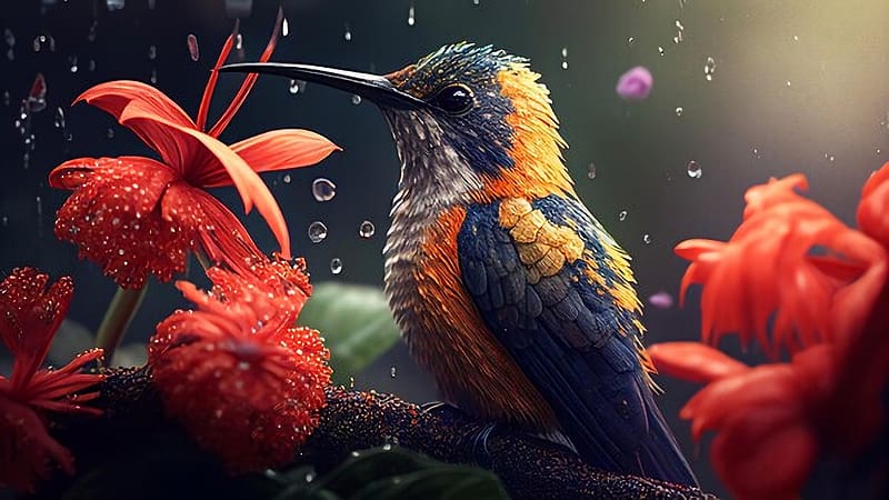 Hummingbird Collects Pollen From Flowers, bird, blossoms, artwork, digital, HD wallpaper