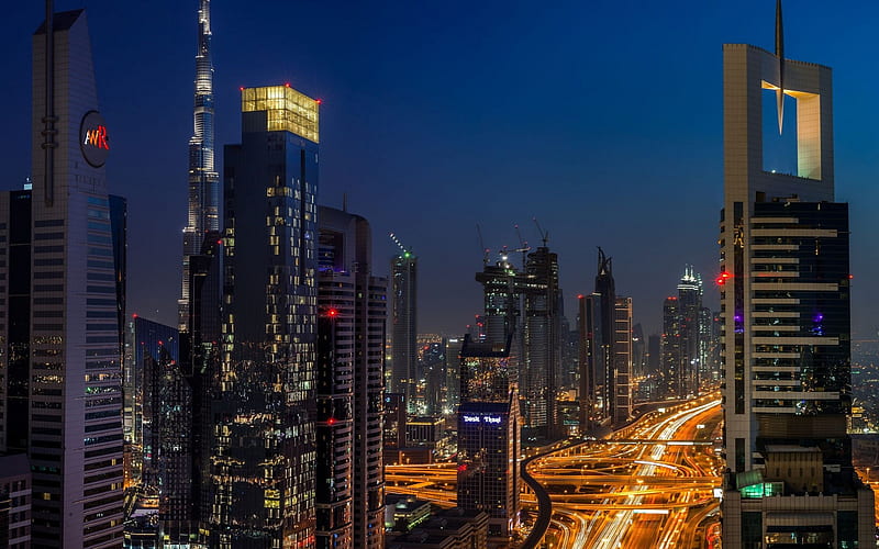Dubai, UAE, night, skyscrapers, city lights, United Arab Emirates, HD wallpaper