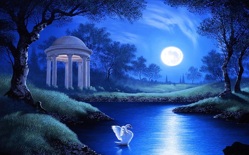 Moonlight, art, river, swan, gazebo, night, HD wallpaper