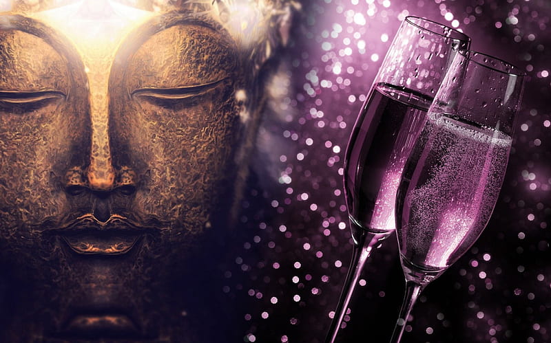 New Year In Peace! , golden, glasses, buddha, face, champagne, new year, HD wallpaper