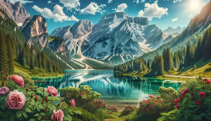 A serene mountain lake with vibrant flowers and majestic peaks under a clear blue sky., hegyi to, felhok, hegycsucs, kek egbolt, hegyek, tajkep, novenyzet, piros, fak, erdo, viragok, rozsaszin, HD wallpaper