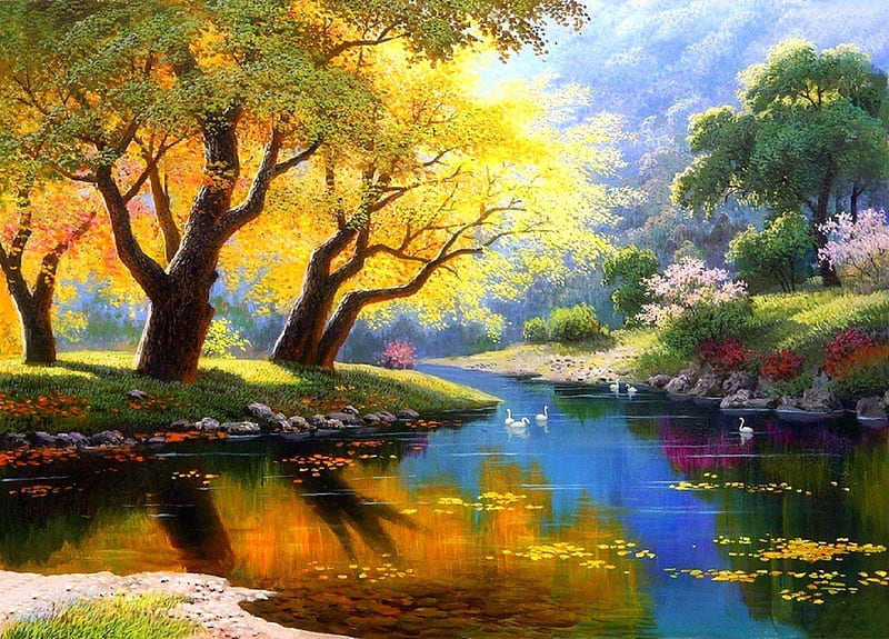 Kingdom of Colorful, colorful, love four seasons, attractions in dreams, trees, swans, valley, parks, paintings, paradise, summer, heaven, nature, rivers, HD wallpaper