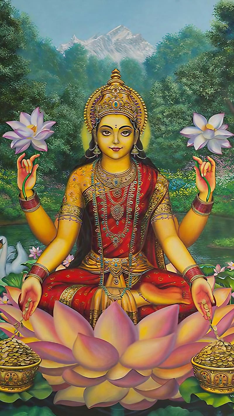 Maa Laxmi , Trees And Mountain Background, goddess of wealth, lakshmi maa, HD phone wallpaper